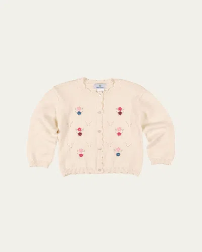 Florence Eiseman Kids' Girl's Scalloped Floral Embroidery Cotton Knit Sweater In Neutral