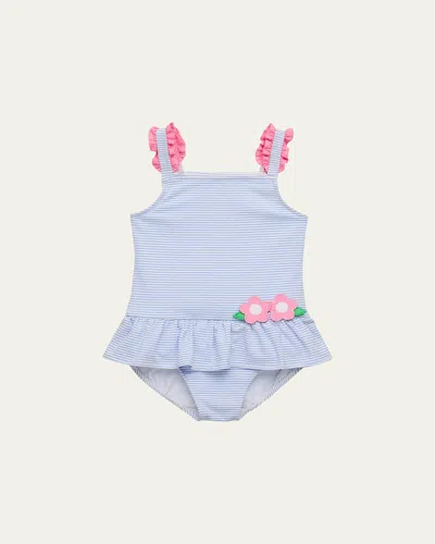 Florence Eiseman Kids' Girl's Seersucker One-piece Swimsuit With Flowers In Blue