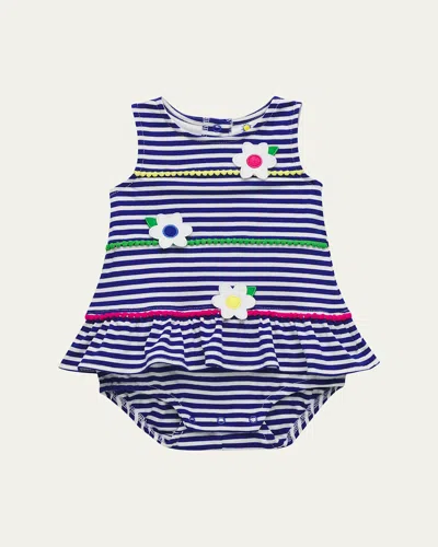Florence Eiseman Kids' Girl's Stripe Knit Romper With Pompoms & Flowers In Blue