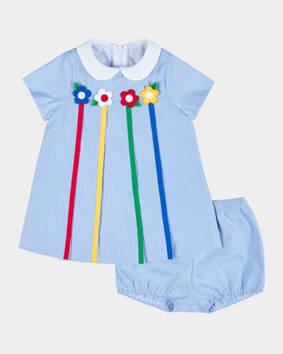 Florence Eiseman Kids' Girl's Striped Dress W/ Flowers & Bloomers In Blue