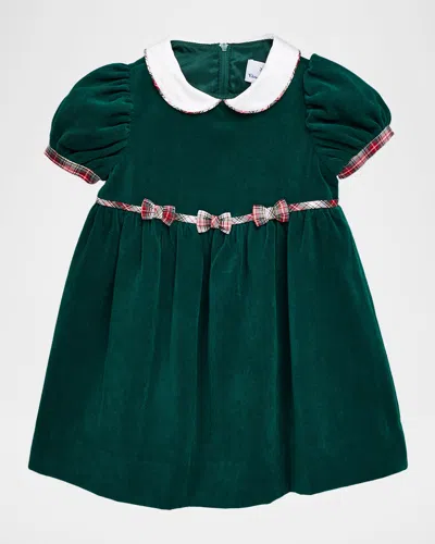 Florence Eiseman Kids' Girl's Velvet Waist Dress With Plaid Bows In Green
