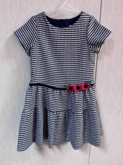 Florence Eiseman Kids' Girls' Houndstooth Dress With Flowers In Navy/white In Blue