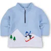 Florence Eiseman Jacquard Knit Half Zip With Skiing Penguin In Blue