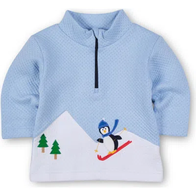 Florence Eiseman Kids'  Jacquard Knit Half Zip With Skiing Penguin In Blue