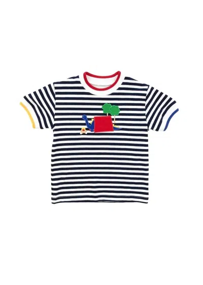 Florence Eiseman Kid's Camp Dinosaur Stripe Knit Shirt In Navy/white/red In Multi