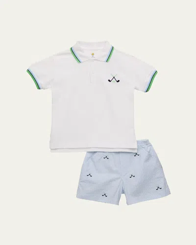 Florence Eiseman Kid's Golf Tipped Polo Shirt & Embroidered Shorts Set In Multi