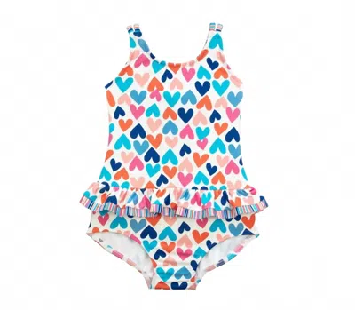Florence Eiseman Kid's Heart Print Skirted Swimsuit In White Multi