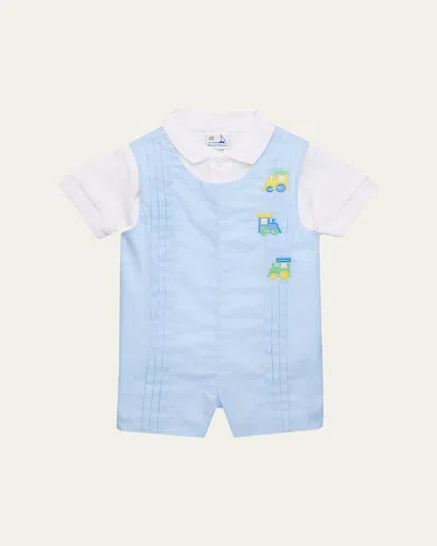 Florence Eiseman Kid's Linen-look Shortall & Polo Shirt Set In Blue