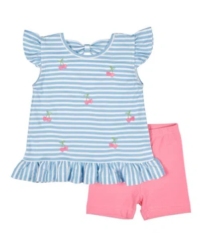 Florence Eiseman Babies'  Knit Short Set With Embroidered Heart Cherries In Blue