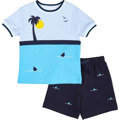 Florence Eiseman Babies'  Knit Short Set With Ocean Scene In Turquoise