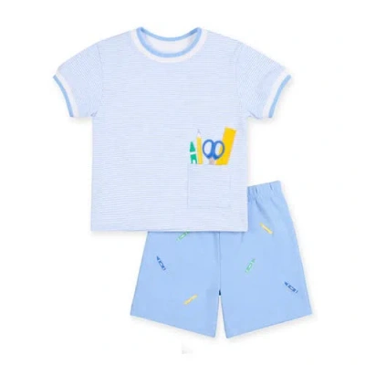 Florence Eiseman Kids'  Knit Short Set With School Supplies In Blue