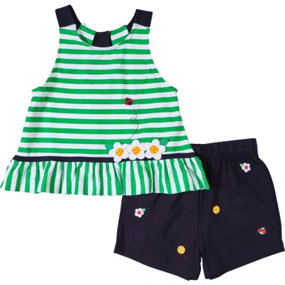 Florence Eiseman Kids'  Knit Short Set With Softballs, Flowers, Ladybug In Green