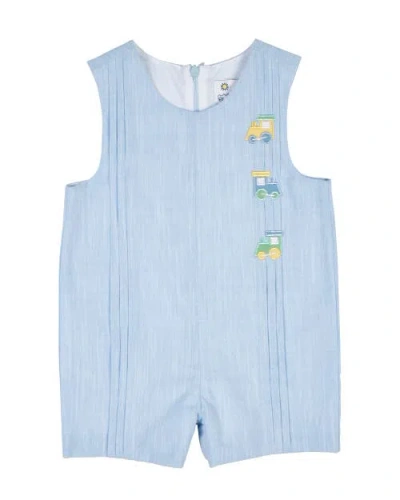 Florence Eiseman Babies'  Linen-look Shortall With Trains In Blue