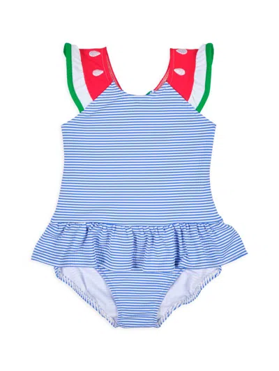 Florence Eiseman Little Girl's Striped Seersucker One-piece Swimsuit In Blue
