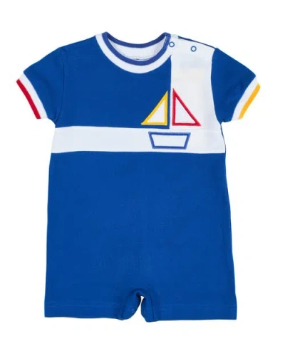 Florence Eiseman Babies'  Pique Knit Shortall With Sailboat In Blue