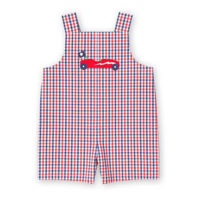 Florence Eiseman Babies'  Plaid Seersucker Shortall With Derby Car In Purple