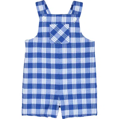 Florence Eiseman Babies'  Plaid Seersucker Shortall With Front Pocket In Blue