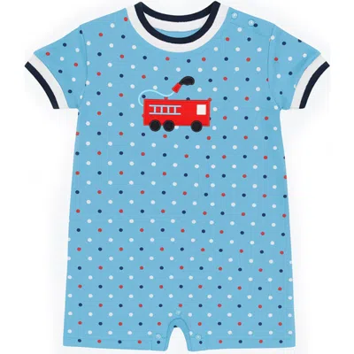 Florence Eiseman Babies'  Printed Knit Shortall With Fire Truck In Blue