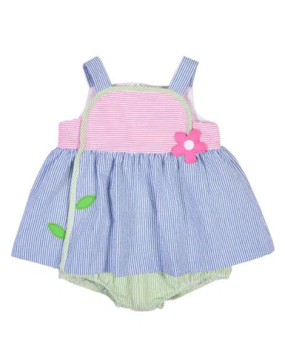 Florence Eiseman Babies'  Seersucker Romper With Flower In Blue