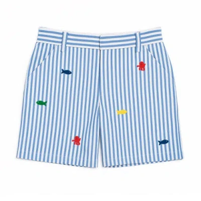 Florence Eiseman Babies'  Seersucker Short With Embroidered Sea Creatures In Blue