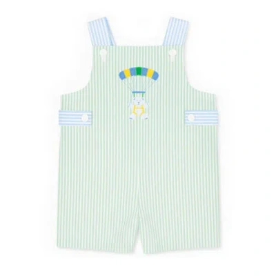 Florence Eiseman Babies'  Seersucker Shortall With Parachute Bear In Green