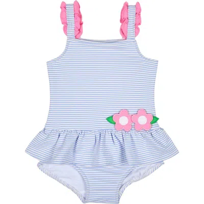 Florence Eiseman Kids'  Seersucker Swimsuit With Flowers In Blue