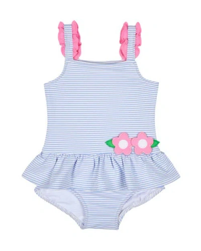 Florence Eiseman Babies'  Seersucker Swimsuit With Flowers In Blue