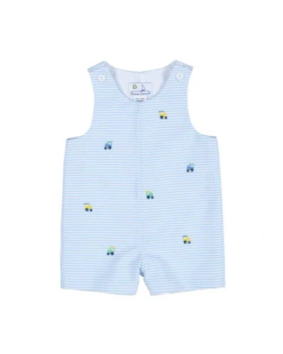 Florence Eiseman Babies'  Stripe Birdseye Pique Shortall With Embroidered Trains In Blue