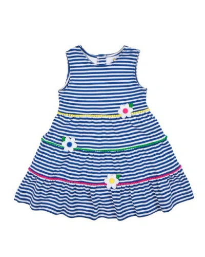 Florence Eiseman Kids'  Stripe Knit Dress With Pom Poms & Flowers In Blue