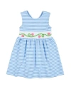 Florence Eiseman Girl's Striped Knit Dress W/ Embroidered Strawberries In Light Blue/white