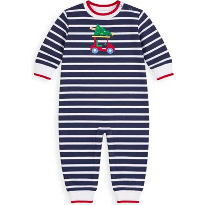 Florence Eiseman Babies'  Stripe Knit Longall With Golf Cart & Christmas Tree In Blue