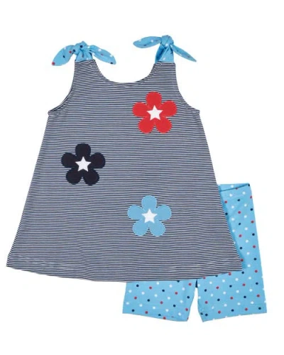 Florence Eiseman Babies'  Stripe Knit Short Set With Flowers & Stars In Blue
