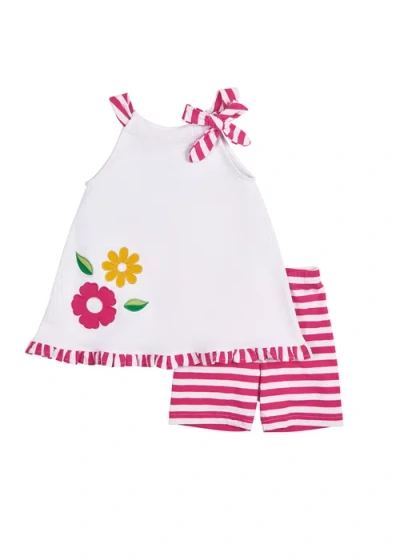 Florence Eiseman Babies'  Stripe Knit Short Set With Flowers In Fuchsia/white