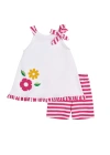 Florence Eiseman Stripe Knit Short Set With Flowers In Pink