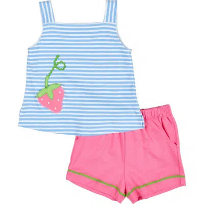 Florence Eiseman Kids'  Stripe Knit Short Set With Strawberry Pocket In Blue