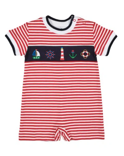 Florence Eiseman Babies'  Stripe Knit Shortall With Nautical Applique In Burgundy