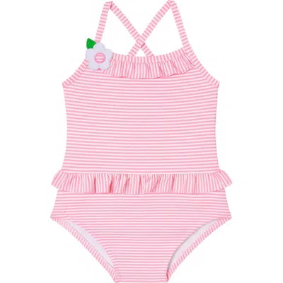 Florence Eiseman Kids'  Stripe Seersucker Swimsuit With Flower In Pink