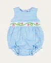 Florence Eiseman Striped Bubble Romper W/ Embroidered Strawberries In Blue Wht