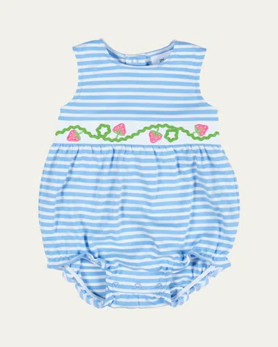 Florence Eiseman Kids' Striped Bubble Romper W/ Embroidered Strawberries In Blue Wht