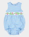 Florence Eiseman Striped Bubble Romper W/ Embroidered Strawberries In Blue Wht