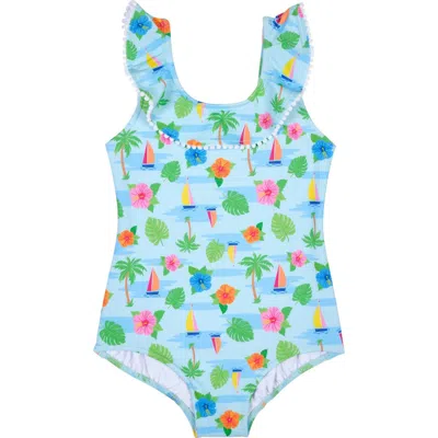 Florence Eiseman Babies'  Tropical Print Ruffle Neck Swimsuit In Blue