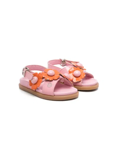 Florens Kids' Floral-appliqué Leather Sandals In Pink
