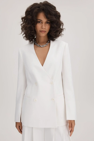 Florere Collarless Double Breasted Blazer In Ivory