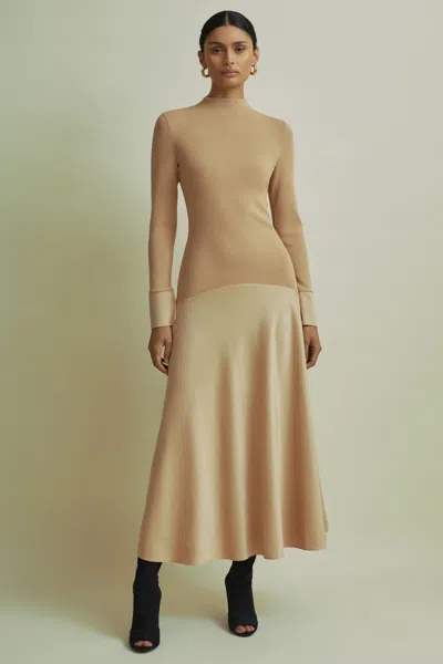 Florere Hybrid Knit-satin Midi Dress In Sand