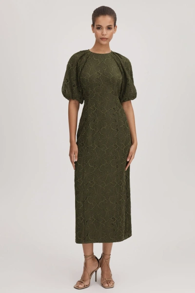 Florere Lace Puff Sleeve Midi Dress In Dark Khaki