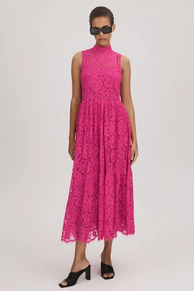 Florere Lace Tie Back Midi Dress In Bright Pink