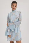 Florere Printed Fluted Sleeve Mini Dress In Pale Blue