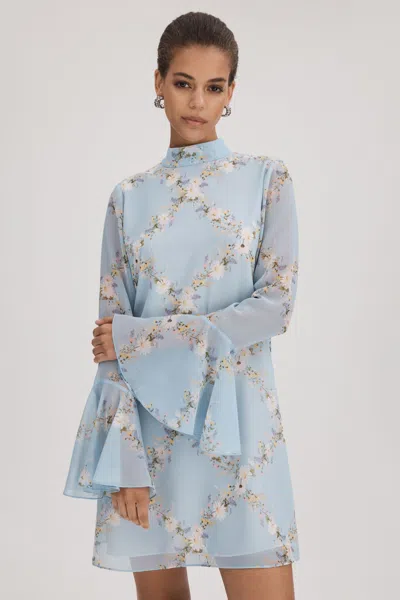 Florere Printed Fluted Sleeve Mini Dress In Pale Blue