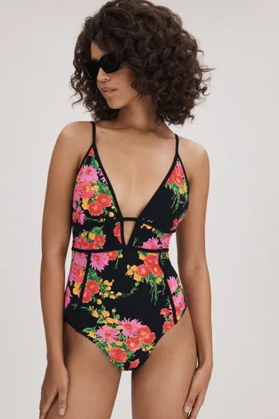 Florere Printed Plunge Neck Swimsuit In Pink/black