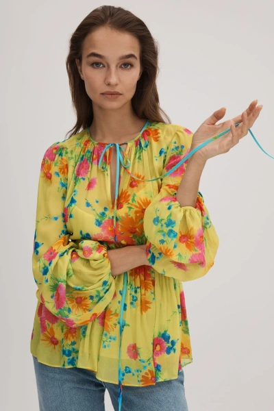 Florere Printed Tie Neck Blouse In Lime